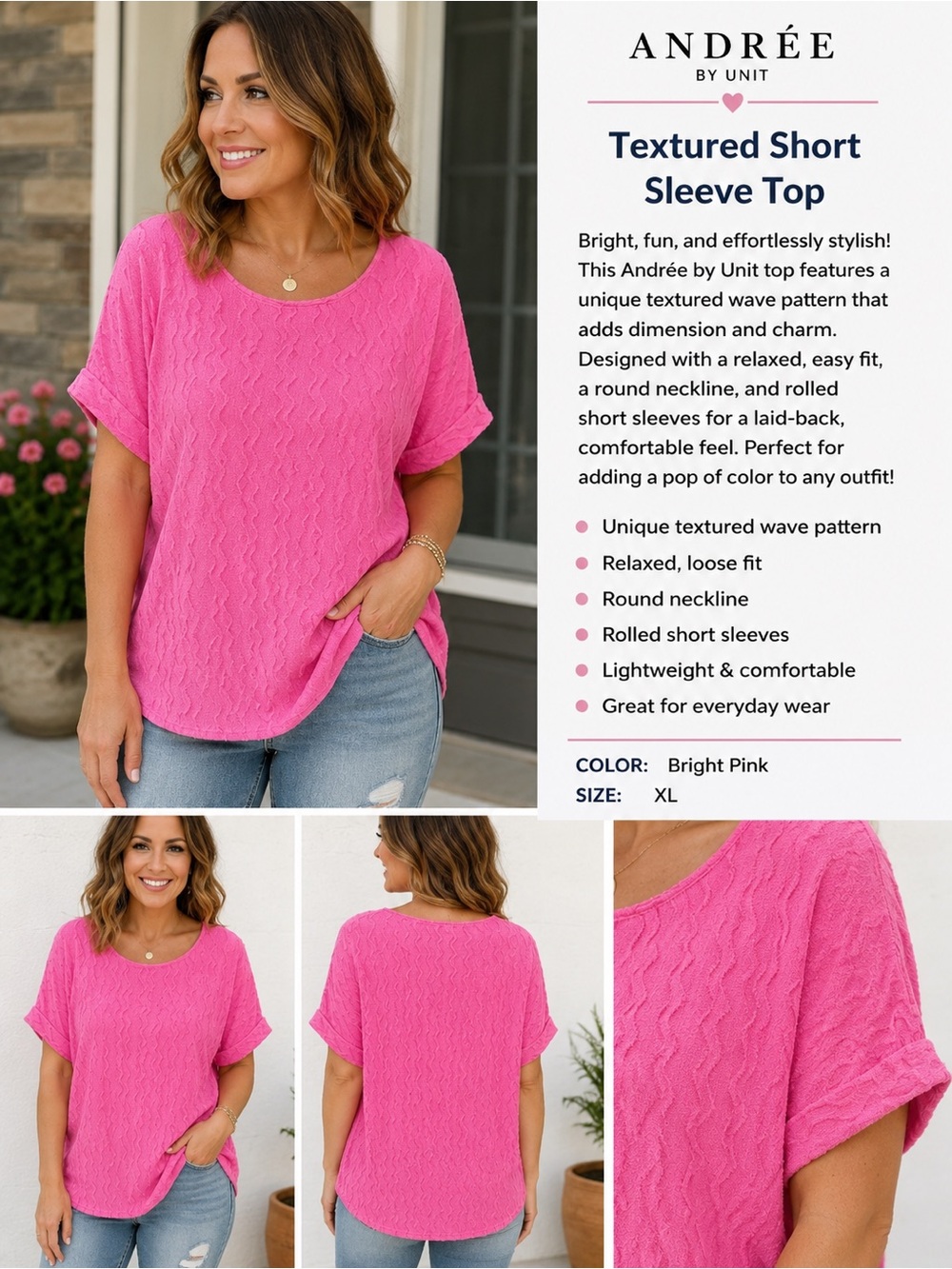 ANDREE BY UNIT Bright Pink Textured Short Sleeve Tee